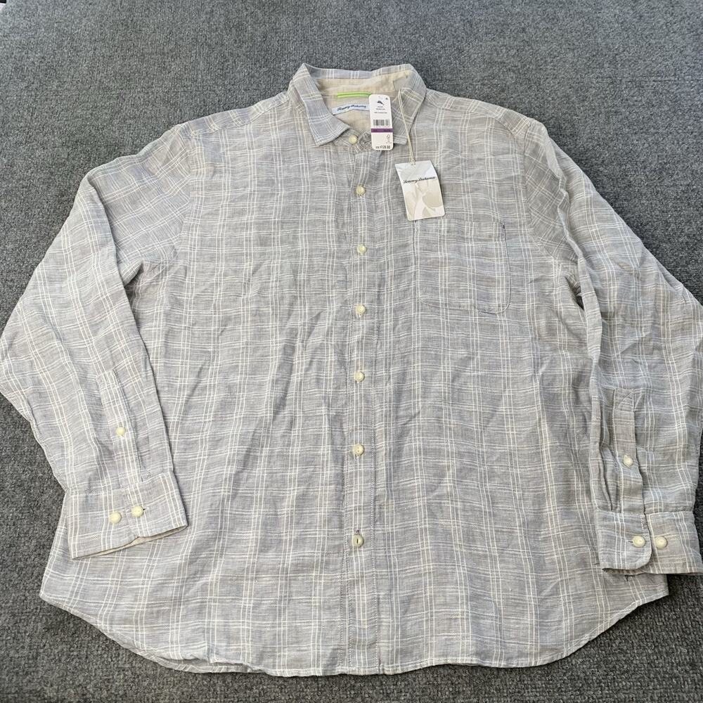 Tommy Bahama Shirt Mens XXL Gray White Ventana Plaid 100% Linen Long Sleeve *New